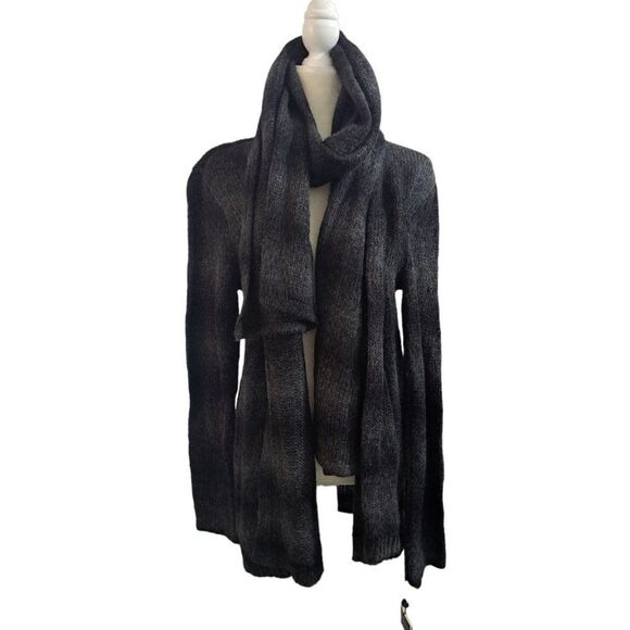 Elie Tahari Woman's Knit Open Cardigan Removable Scarf Grey Black Long Sleeves L - Picture 7 of 10